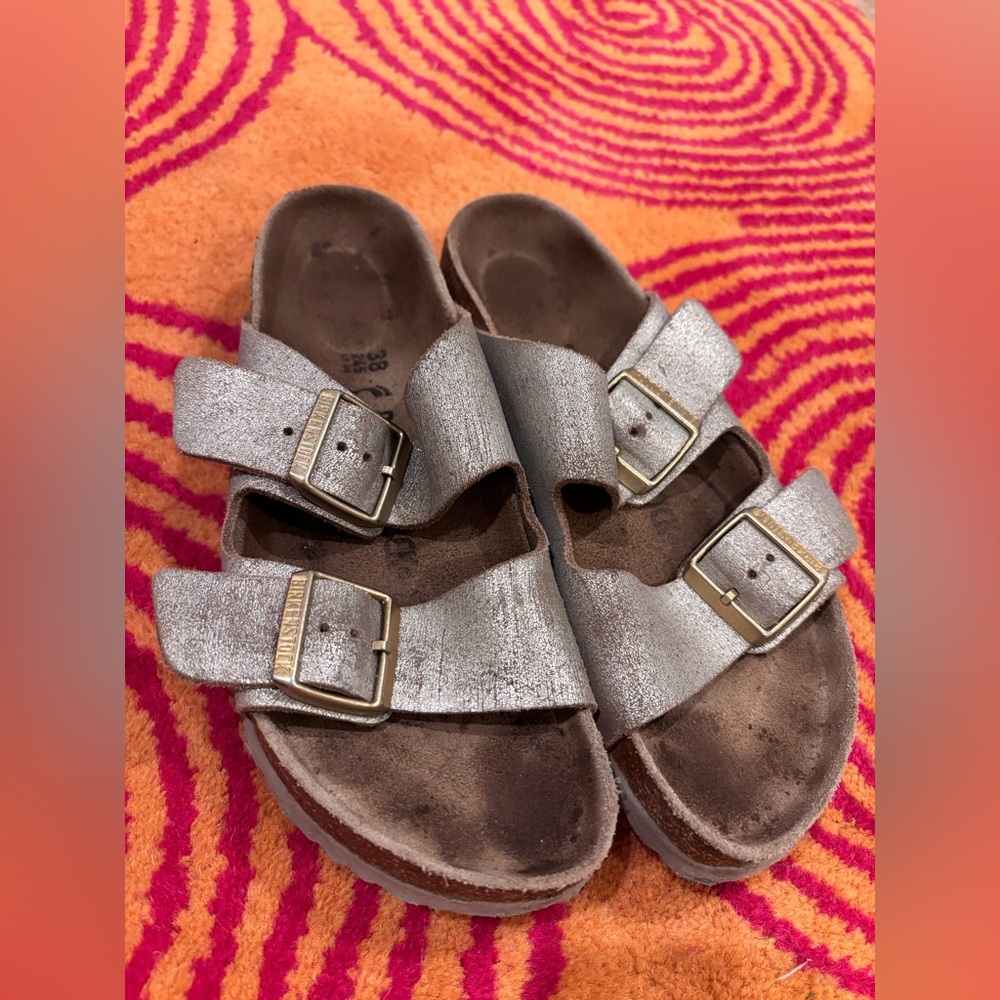 Birkenstock Women's Arizona Washed Metallic Sandals Silver 38